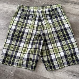 Lands End Shorts Mens 34 Green Black Plaid 100% Cotton Flat Front Pockets